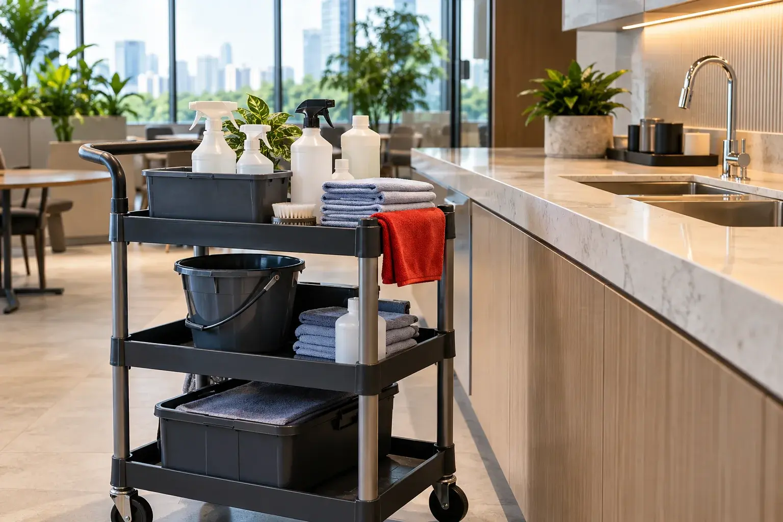 Office cleaning supplies organised beside a pantry
