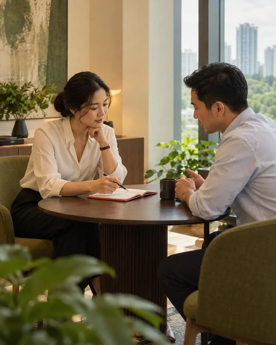 A conversation about office care at a meeting table